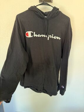 Champion Light Weight Black Hoodie with White Script and Red Emblem